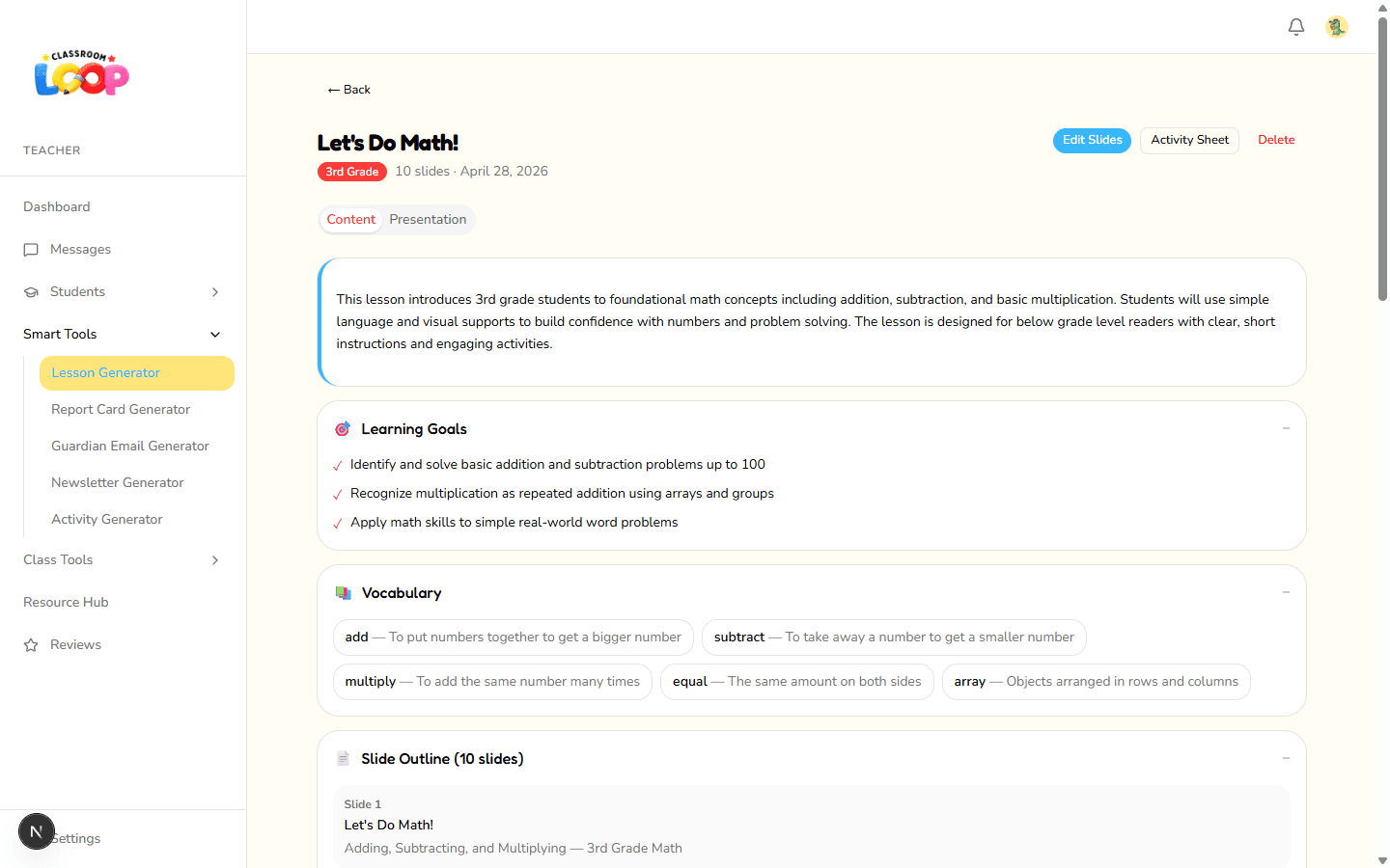 Classroom Loop AI lesson generator